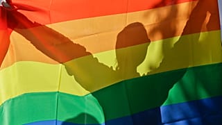 An activist in Ukraine's first gay pride demonstration seen through the rainbow flag during the action in Kyiv, Ukraine, Saturday, May 25, 2013.