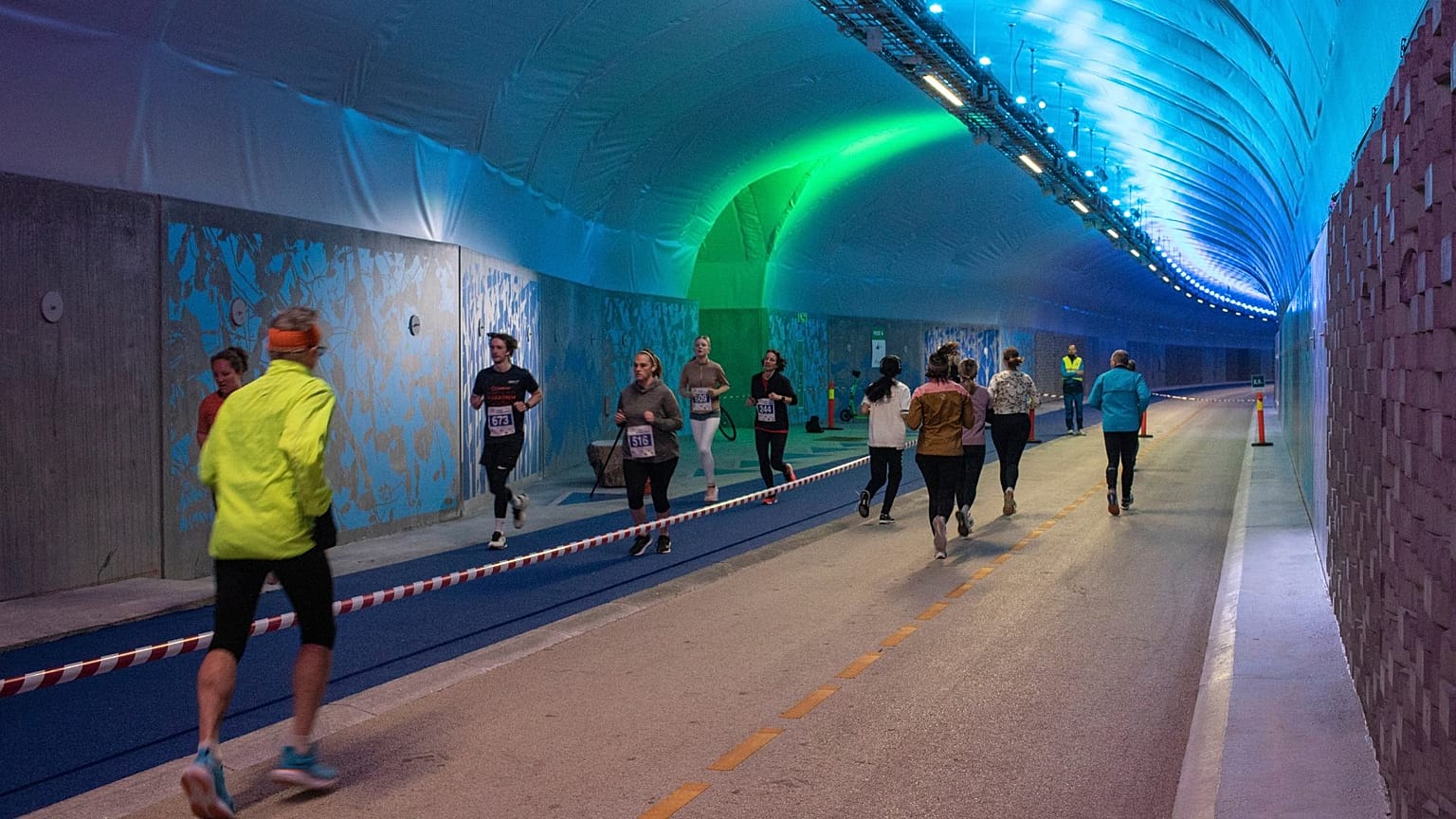 Artwork and installations line the tunnel in Bergen.