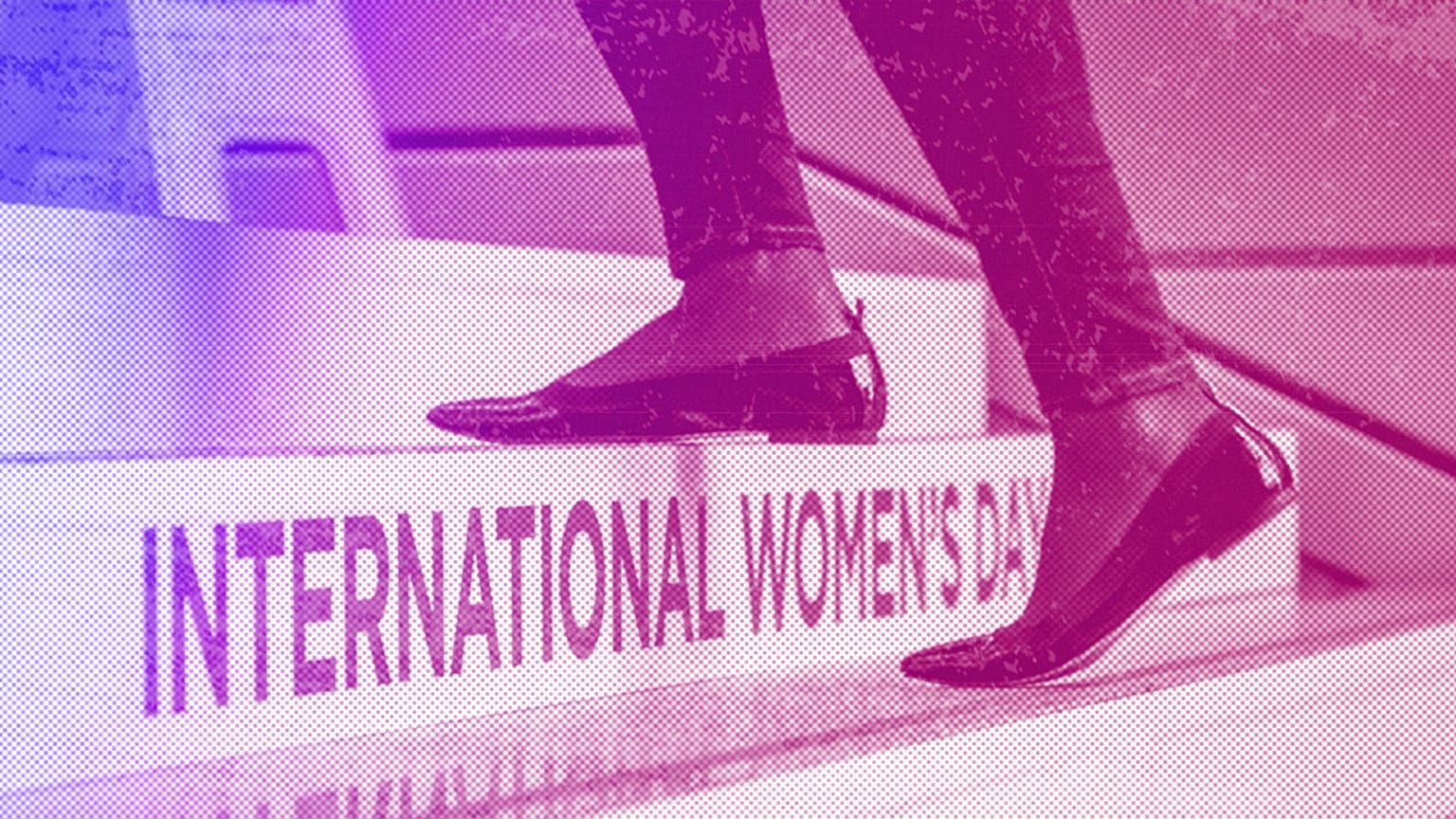 A woman walks up the decorated stairs of the Commerzbank in Frankfurt, 7 March 2023