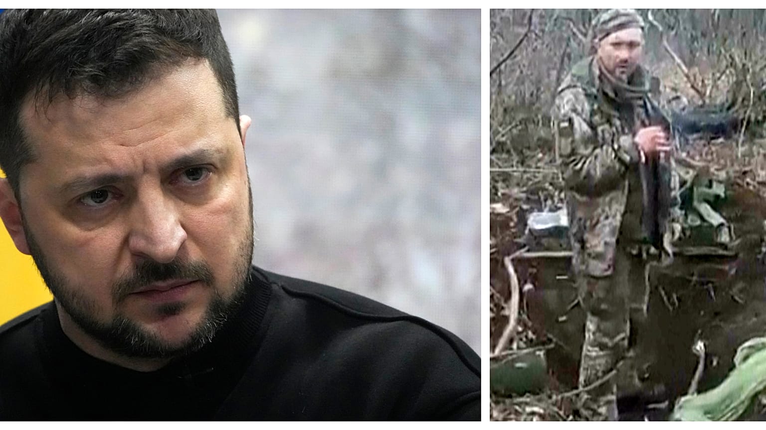 Volodymyr Zelenskyy, à esquerda, promete vingar a execução do soldado Timofiy Shadura, à direita