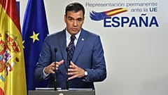 Spain's Prime Minister Pedro Sanchez speaks during a media conference at an EU summit in Brussels, Oct. 21, 2022.