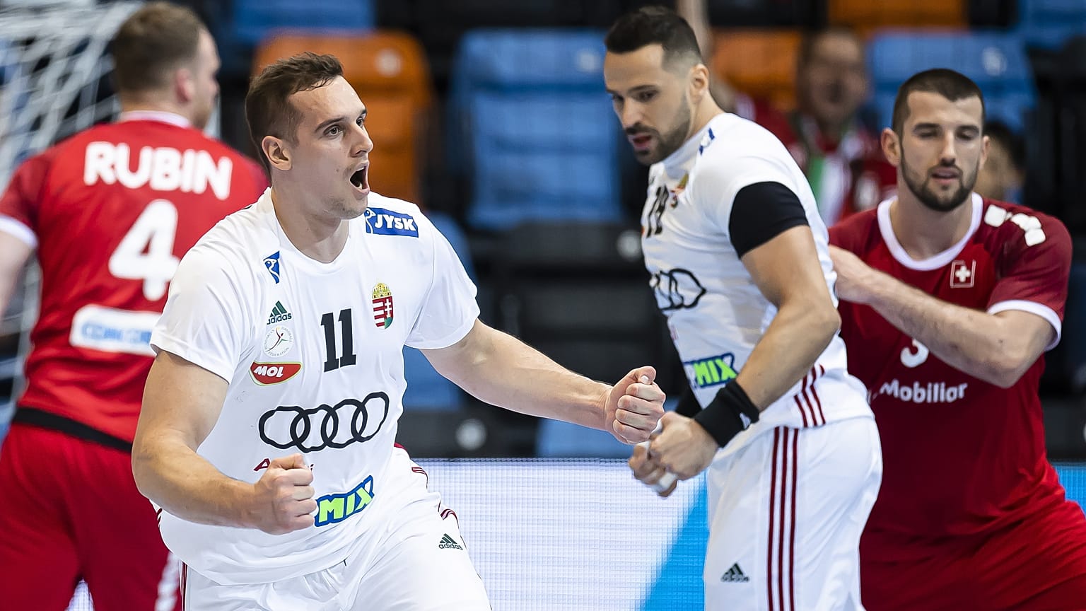 Ligetvári Patrik az egyik gólját ünnepli a Svájc elleni győztes mérkőzésen Schaffhausenben.