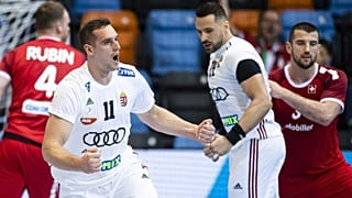 Ligetvári Patrik az egyik gólját ünnepli a Svájc elleni győztes mérkőzésen Schaffhausenben.