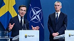 Schwedens Ministerpräsident Ulf Kristersson und NATO-Generalsekretär Jens Stoltenberg am 7. März in Stockholm