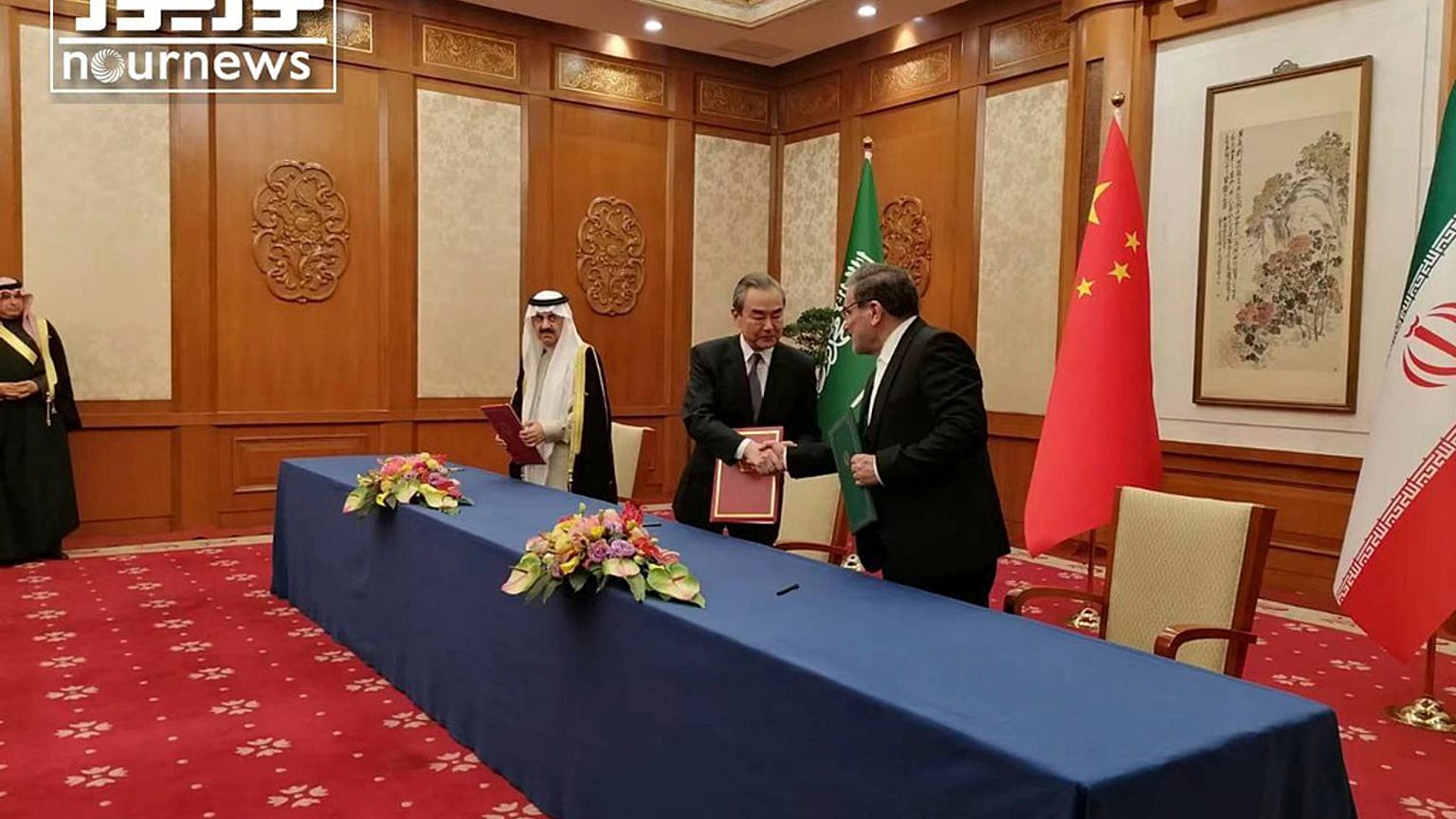 Cérémonie de signature d'un accord de rétablissement des relations diplomatiques entre l'Iran et l'Arabie Saoudite, Pékin, le 10 mars 2023