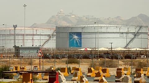 Storage tanks are seen at the North Jiddah bulk plant, an Aramco oil facility, in Jiddah, Saudi Arabia, on March 21, 2021