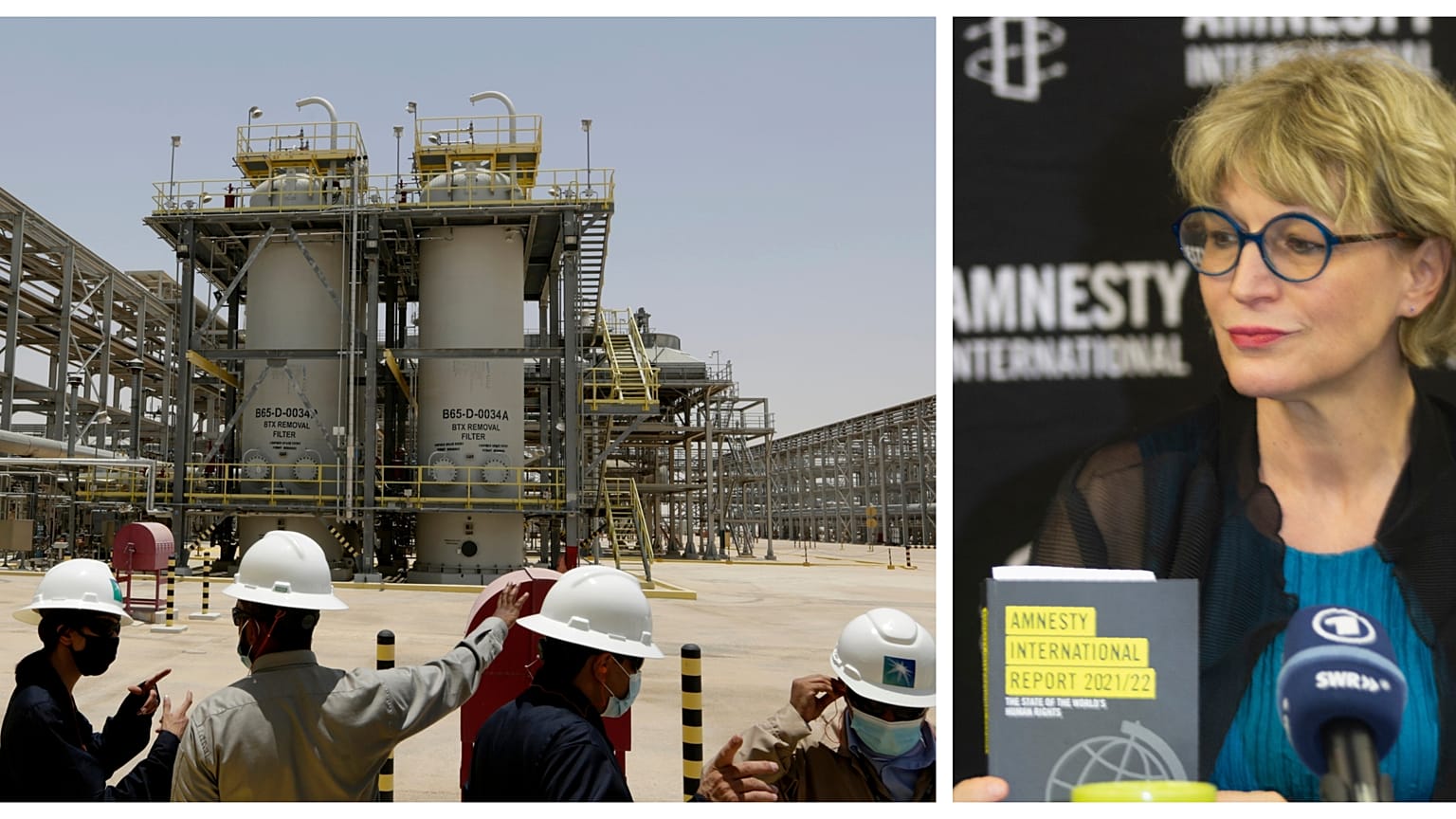 Lucros da Aramco (à esq.) escandalizaram secretária-geral da Amnistia Internacional (à dir.)