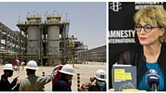 Lucros da Aramco (à esq.) escandalizaram secretária-geral da Amnistia Internacional (à dir.)