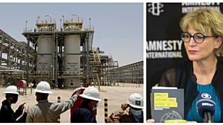 Lucros da Aramco (à esq.) escandalizaram secretária-geral da Amnistia Internacional (à dir.)