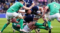 Scotland's Matt Fagerson, centre, is tackled, during the Six Nations rugby union international match between Scotland and Ireland at BT Murrayfield Stadium, in Edinburgh.