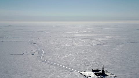 This 2019 aerial photo provided by ConocoPhillips shows an exploratory drilling camp at the proposed site of the Willow oil project on Alaska's North Slope