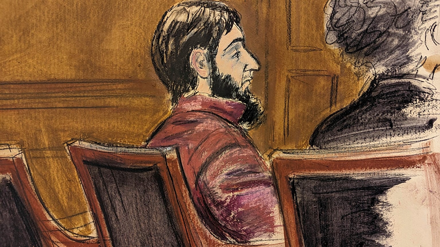 مخطط لقاعة محكمة اتحادية في نيويورك، يجلس سيف الله سايبوف على طاولة الدفاع، 8 مارس 2023 