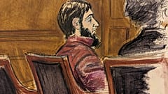 مخطط لقاعة محكمة اتحادية في نيويورك، يجلس سيف الله سايبوف على طاولة الدفاع، 8 مارس 2023 