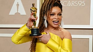 Ruth E. Carter holds up her Oscar for Best costume design for 'Black Panther: Wakanda Forever' on Sunday, March 12, 2023, at the Dolby Theatre
