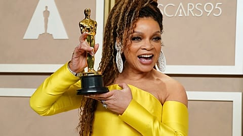 Ruth E. Carter holds up her Oscar for Best costume design for 'Black Panther: Wakanda Forever' on Sunday, March 12, 2023, at the Dolby Theatre