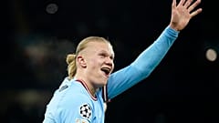 Manchester City's Erling Haaland shows five with his hand after he scored his 5th goal during the Champions League last 16 second leg between Manchester City and RB Leipzig