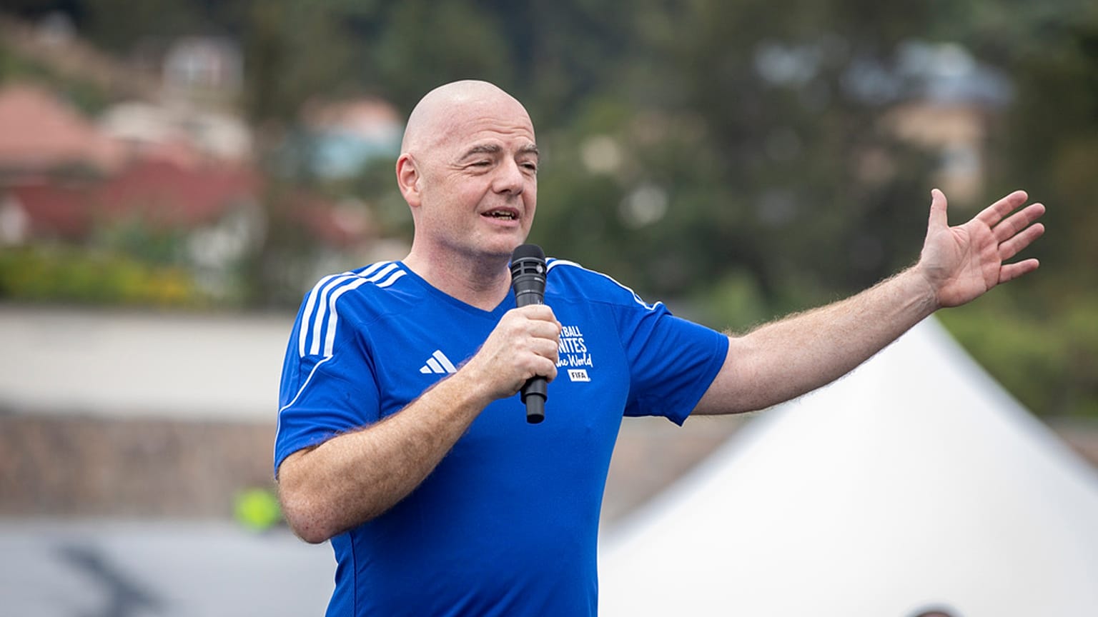 FIFA president Gianni Infantino speaks at a football tournament for delegates to the 73rd FIFA Congress, in Kigali, Rwanda Wednesday, March 15, 2023.