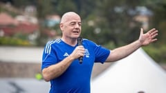 FIFA president Gianni Infantino speaks at a football tournament for delegates to the 73rd FIFA Congress, in Kigali, Rwanda Wednesday, March 15, 2023.