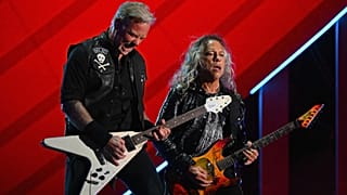 James Hetfield (L) and Kirk Hammett (R) of Metallica perform during the Global Citizen Festival at Central Park in New York on September 24, 2022.