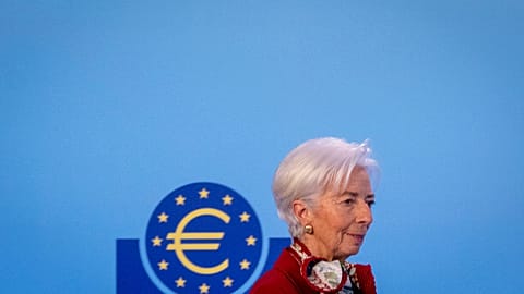 President of European Central Bank Christine Lagarde arrives for a press conference in Frankfurt, Germany, Thursday, March 16, 2023, after a meeting of the ECB.