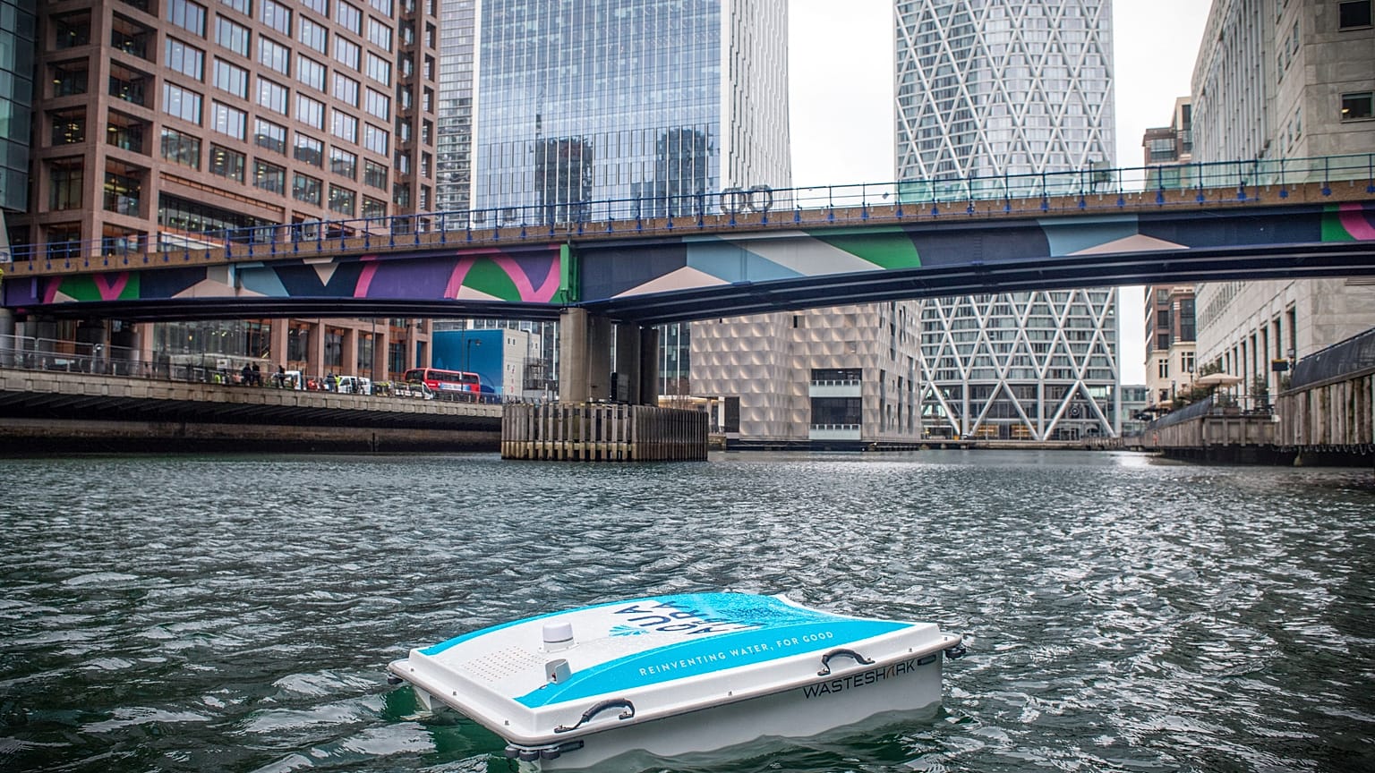 The WasteShark stalks its plastic prey in Canary Wharf, London.