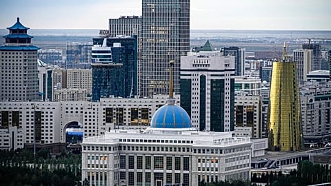 FILE - A view of the of Astana, former name Nur-Sultan, the capital of Kazakhstan with at the Presidential Palace in the center, on Monday, Sept. 12, 2022.