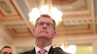 Democratic Unionist Party leader Jeffrey Donaldson pauses as he speaks to the media at Parliament Buildings, Stormont, Belfast, on May 9, 2022.