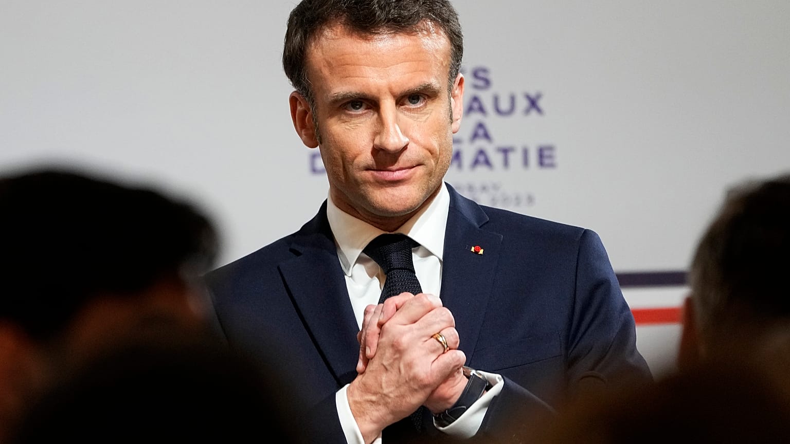 Macron delivers his speech during the National Roundtable on Diplomacy at the foreign ministry in Paris, March 16,
