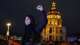 A protester chanting during a protest in Paris, Monday, March 20, 2023.