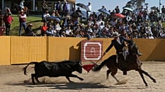 Mounted bullfighter Juan Rafael Restrepo performs during a bullfight at the Hacienda Vista Hermosa bullring in Villa Pinzón, Colombia, 25 February 2023.
