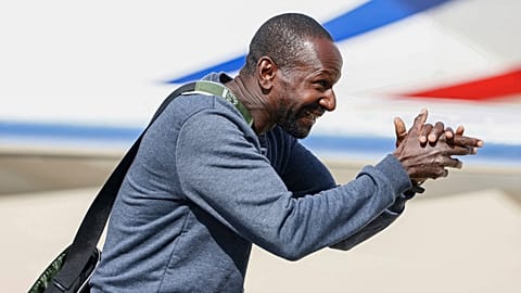 Freed French hostage journalist Olivier Dubois, who was held hostage in Mali for nearly two years, reacts upon his arrival at the military airport in Villacoublay, near Paris,