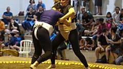 Brazilian sumo wrestler Valéria Dall'Olio (R) fights during a Brazilian sumo championship bout, a qualifier for the South American championship in Sao Paulo, Brazil.07.03.2023