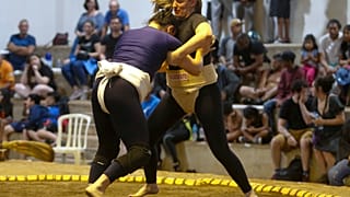 Brazilian sumo wrestler Valéria Dall'Olio (R) fights during a Brazilian sumo championship bout, a qualifier for the South American championship in Sao Paulo, Brazil.07.03.2023