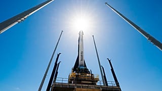 In this photo provided by Relativity Space, the company's Terran 1 rocket sits on a launch pad in Cape Canaveral, Fla., on Wednesday, March 22, 2023. 
