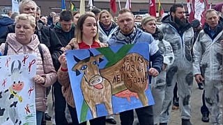 The farmers held up hand made signs criticising the sorry state of affairs.