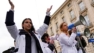 Doctors protest amid an ongoing nationwide strike, in Paris, Thursday Jan. 5, 2023.