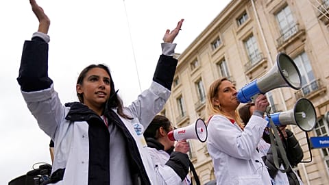 Doctors protest amid an ongoing nationwide strike, in Paris, Thursday Jan. 5, 2023.