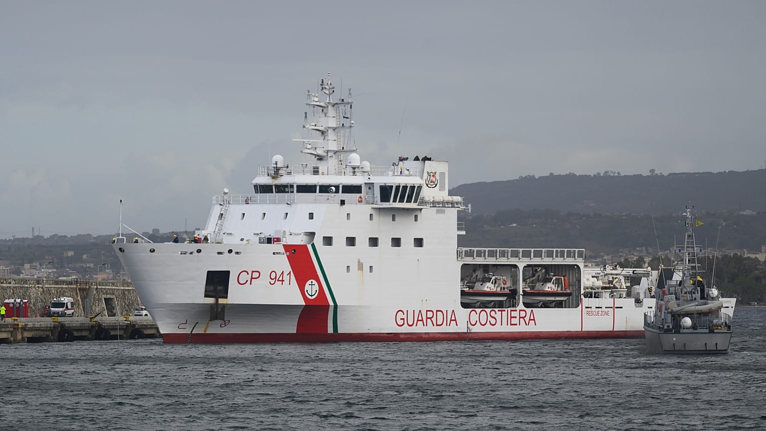 The Diciotti Italian Coast Guard vessel enters the port of Reggio Calabria, southern Italy. 