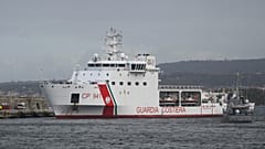 The Diciotti Italian Coast Guard vessel enters the port of Reggio Calabria, southern Italy. 