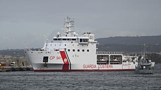 The Diciotti Italian Coast Guard vessel enters the port of Reggio Calabria, southern Italy.