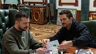 Ukrainian Presidential Press Office, Ukrainian President Volodymyr Zelenskyy, left, speaks with British actor and UNICEF Goodwill Ambassador Orlando Bloom