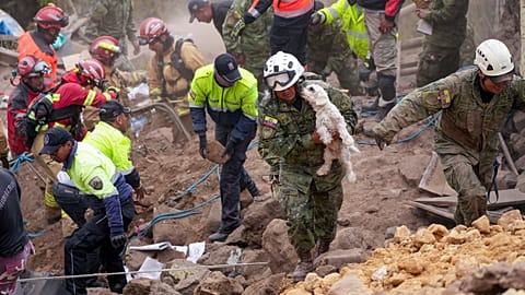 A soldier carries a dog found among the rubble of buildings destroyed by a deadly landslide that buried dozens of homes in Alausi, Ecuador, Monday, March 27, 2023.