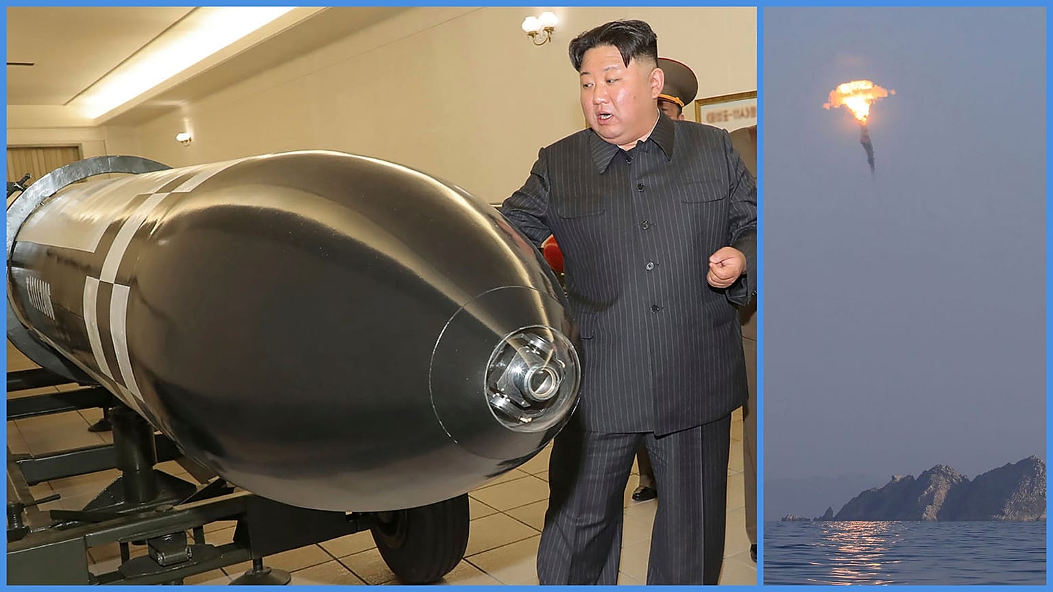 Kim Dzsong Un egy robbanófejjel az észak-koreai hírügynökség, a KCNA által kiadott fotón / Észak-koreai rakétakísérlet