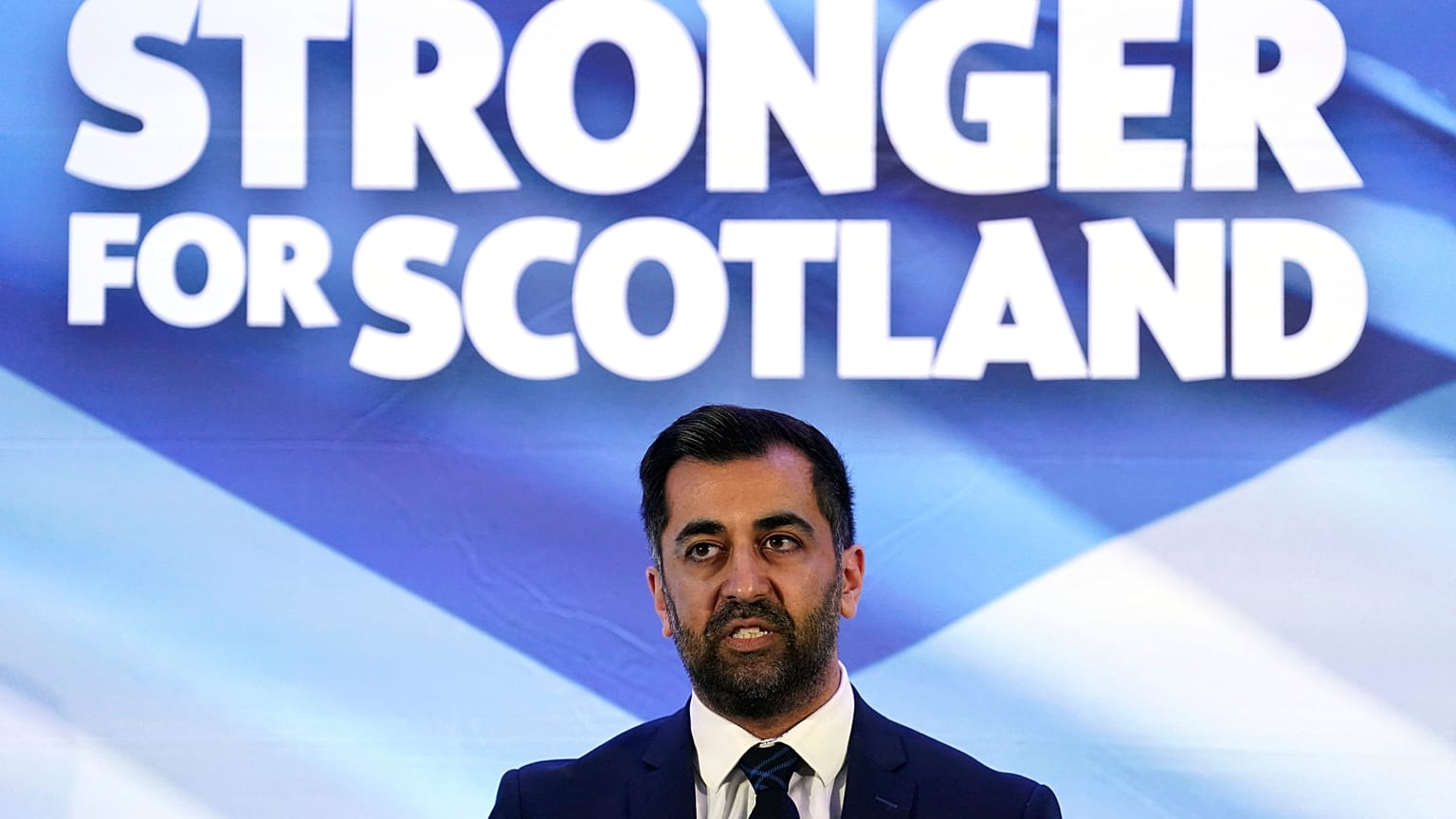 Newly elected Scottish National Party leader Humza Yousaf speaks after being announced new SNP leader, at Murrayfield Stadium, in Edinburgh, Scotland, Monday, March 27, 2023. 