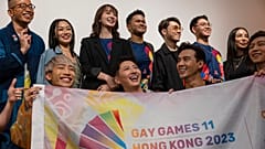Ambassadors of Gay Games 11 Hong Kong 2023 team pose for media after a news conference