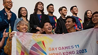 Ambassadors of Gay Games 11 Hong Kong 2023 team pose for media after a news conference