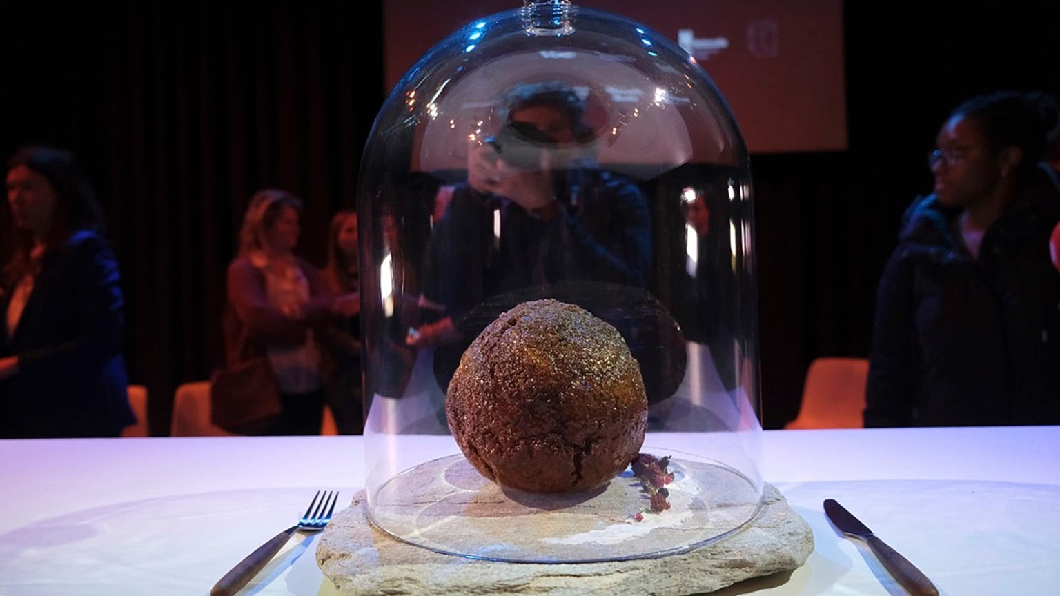 A meatball made using genetic code from a mammoth is seen at the Nemo science museum in Amsterdam.