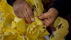 Angela Pastor decorates a palm to be used during Palm Sunday processions at a shop in Elche, eastern Spain, Tuesday, March 21, 2023