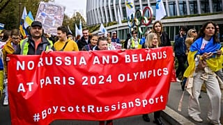 Tüntetés az orosz és a belarusz sportolók részvétele ellen, Lausanne, Switzerland, March 25, 2023.