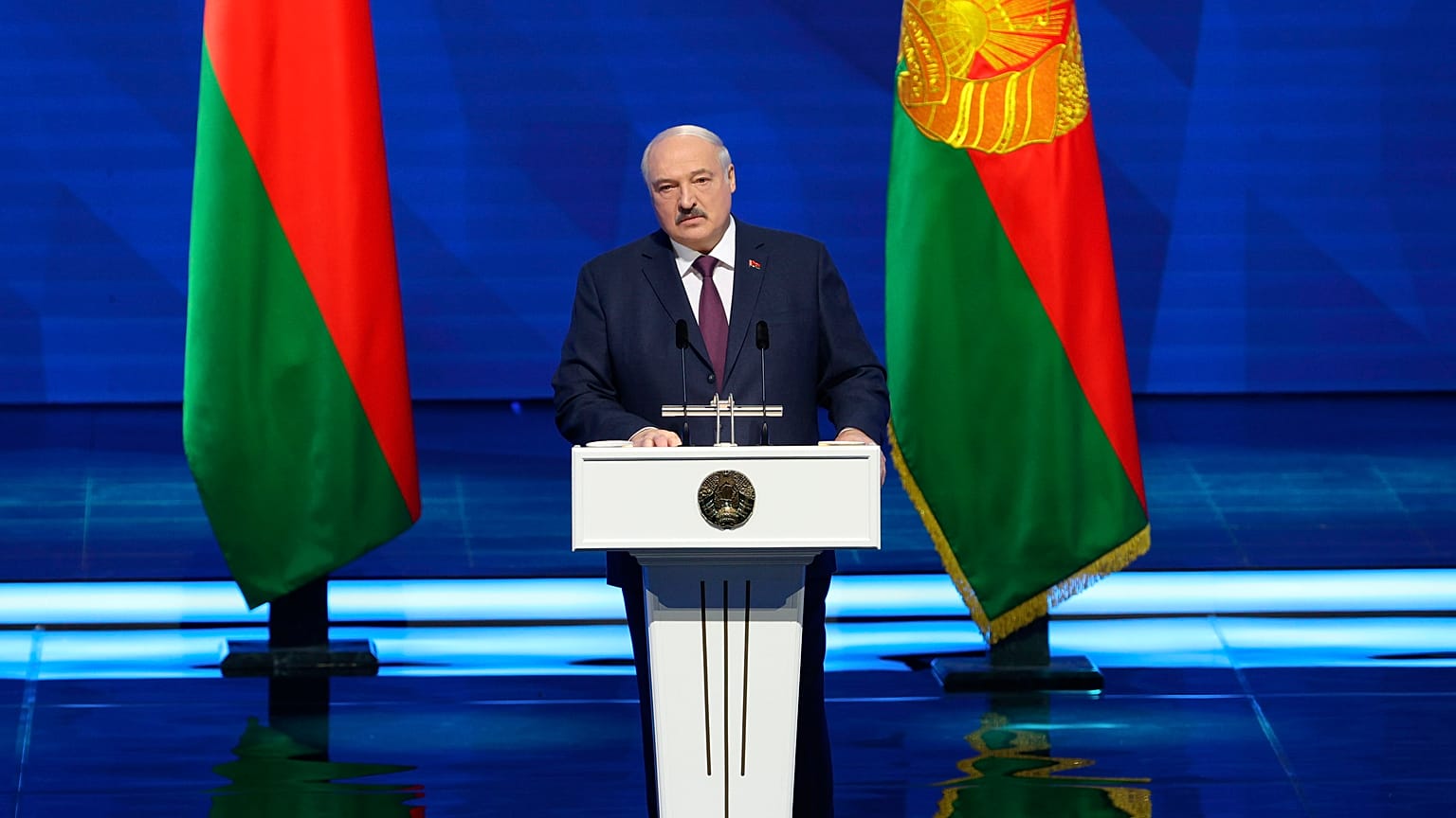 In this photo provided by the Belarusian Presidential Press Service, Belarusian President Alexander Lukashenko delivers a state-of-the nation address in Minsk, 31 March 2023